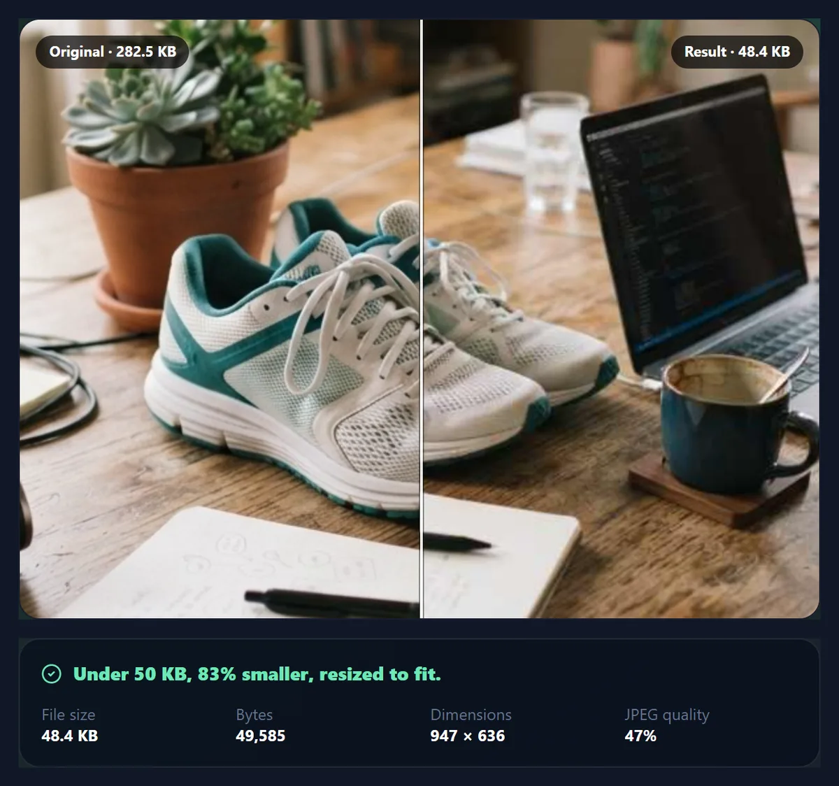 The compression tool in 100 percent inspection mode on the sneaker photo