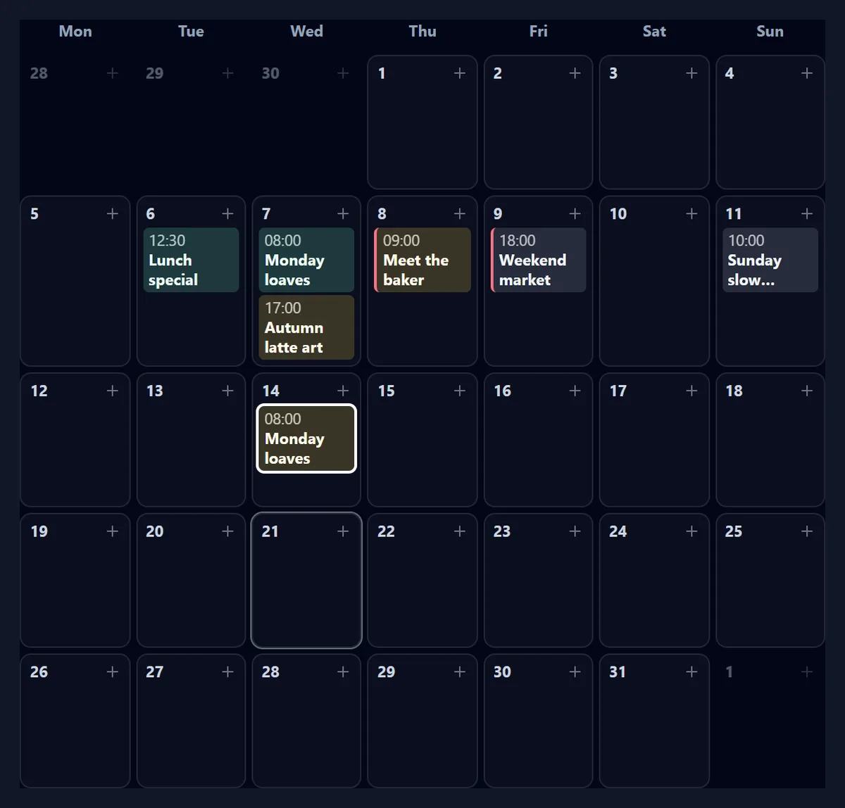 The calendar after the Monday post was dragged to Wednesday and duplicated: the copy sits a week later, on Wednesday 14 October, as a draft