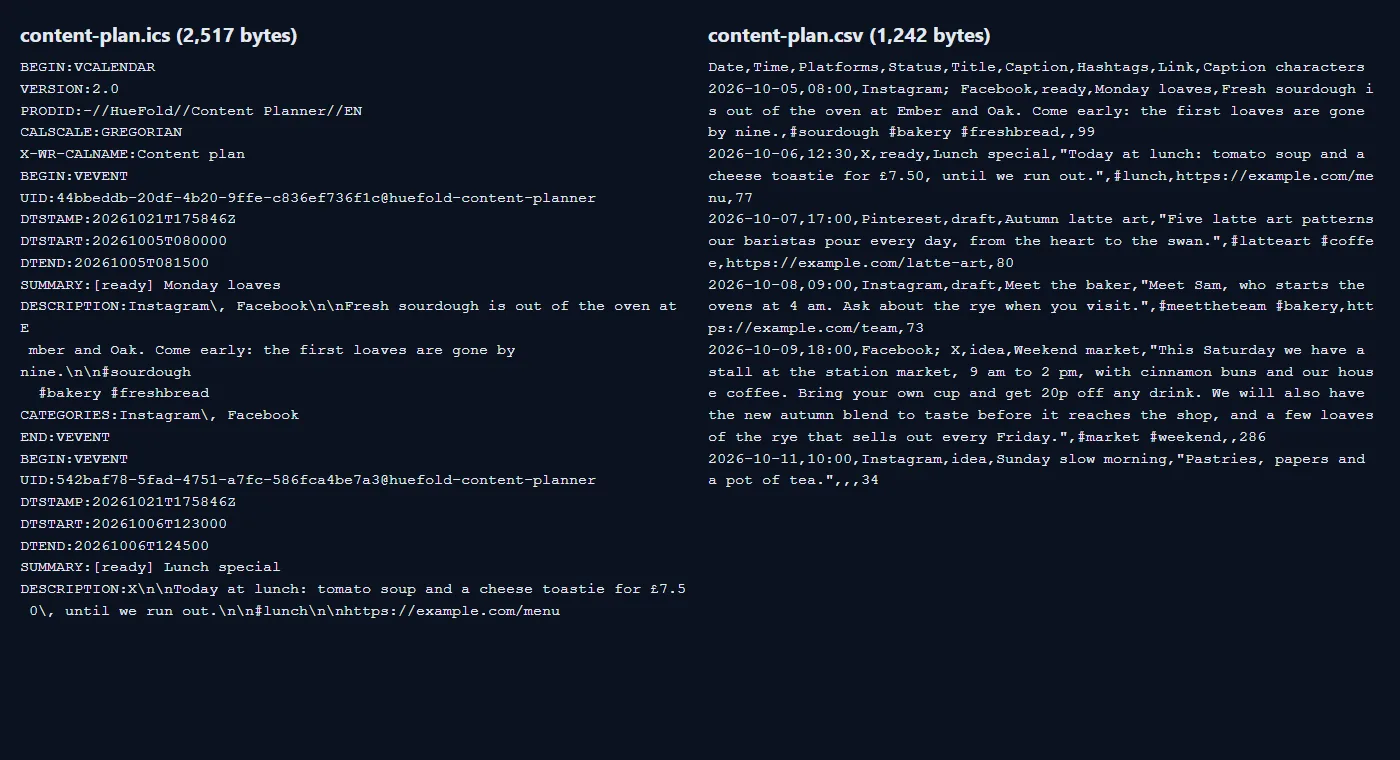 The two files the planner saved for the sample week: the start of content-plan.ics (2,517 bytes) with its events and folded lines, and content-plan.csv (1,242 bytes) with one row per post