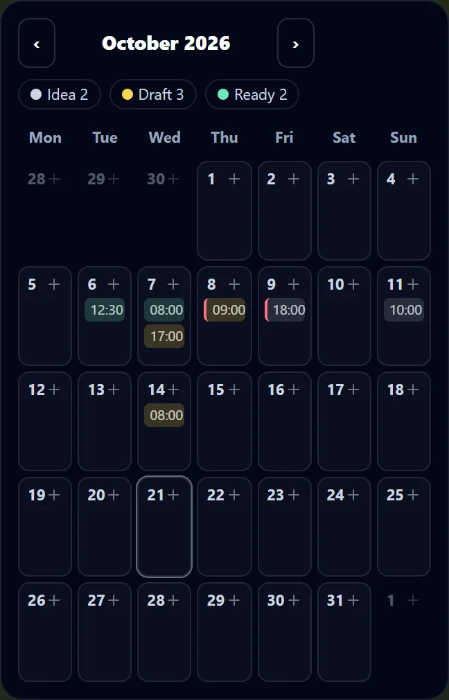 The planner’s month on a 390-pixel phone screen: seven narrow day columns, posts shown by their times, coloured by status