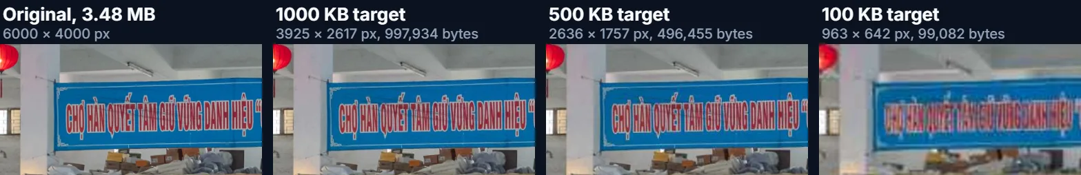 The same signboard cropped from the original photo and from the 1000, 500 and 100 KB versions