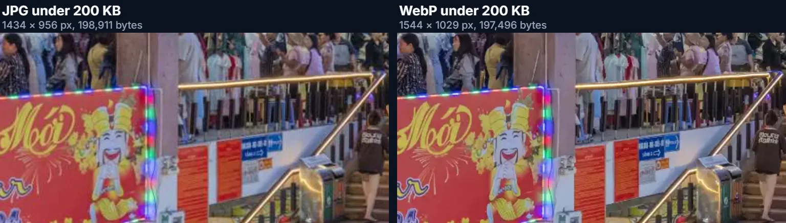 The same corner of the market photo compressed under 200 KB as JPG and as WebP