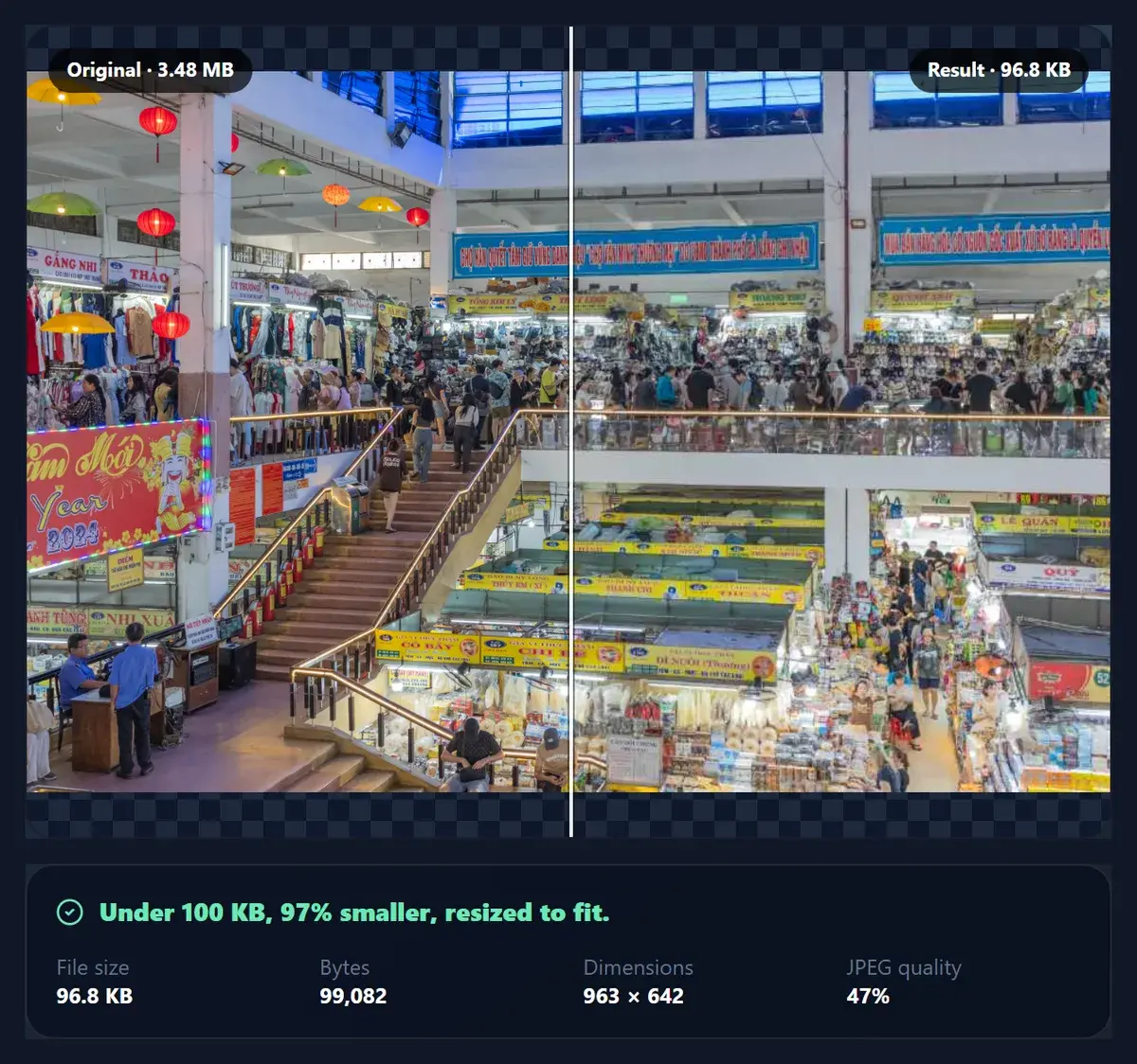 The tool converting the same photo to under 100 KB at 963 by 642 pixels