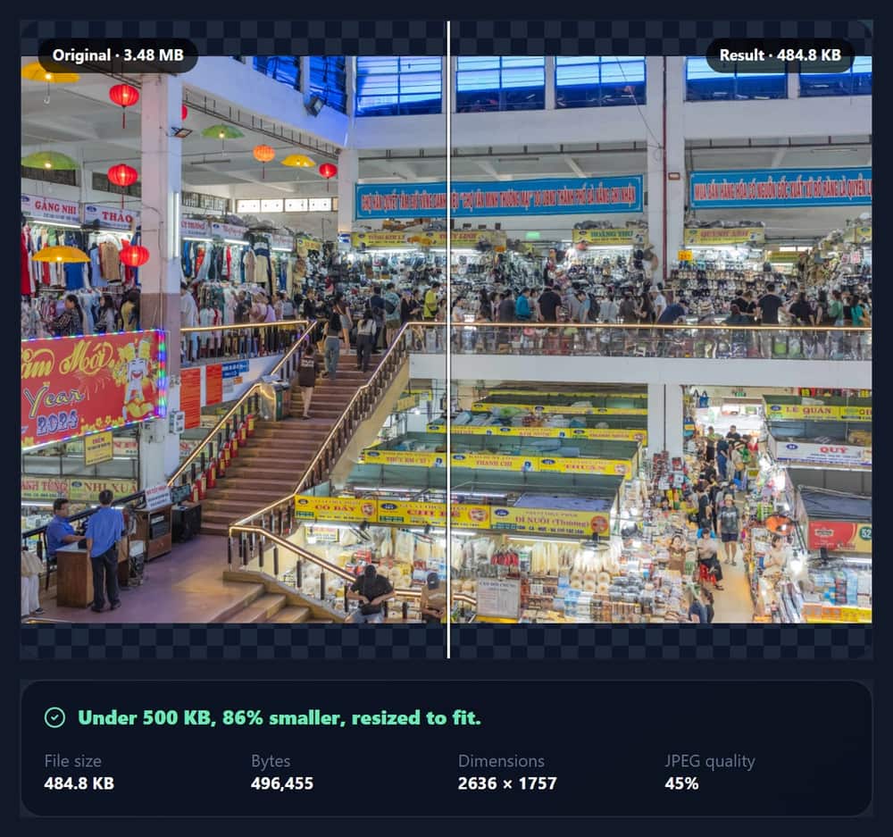 The MB to KB tool comparing the 3.48 MB market photo with its 484.8 KB result