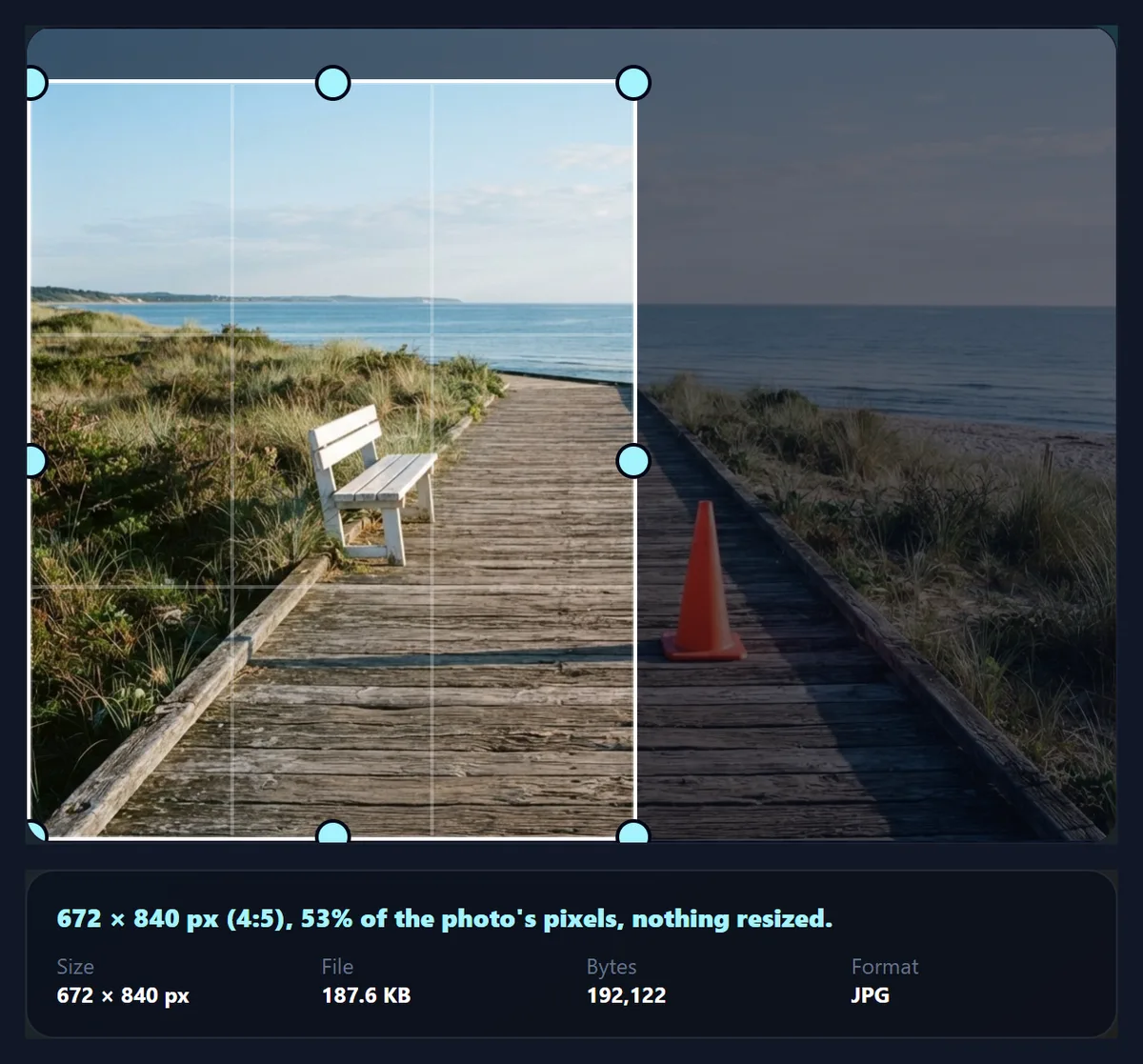 The crop tool with a 4:5 frame moved to the left edge of the boardwalk photo, leaving the traffic cone outside