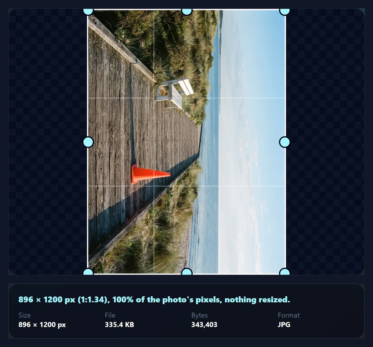 The crop tool with the boardwalk photo turned 90 degrees to portrait