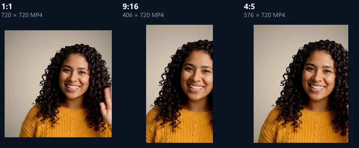 Frames from the cropped MP4s at 1:1, 9:16 and 4:5, each showing the woman framed in the middle