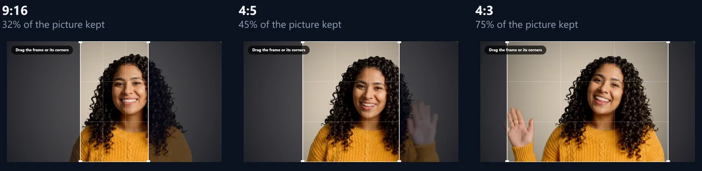 The sample with a 9:16, a 4:5 and a 4:3 crop frame: the narrow 9:16 frame keeps only her face and shoulders