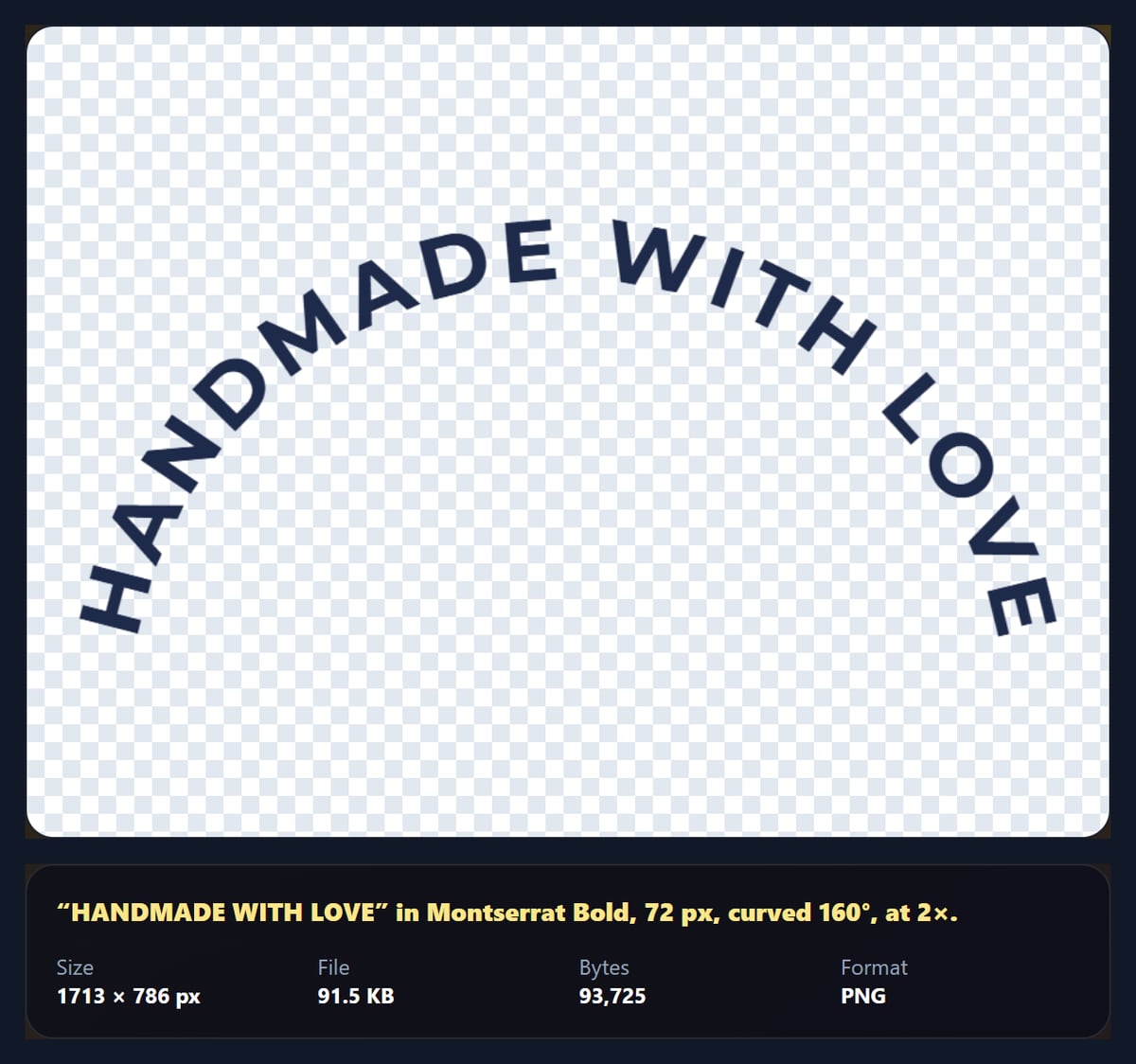 The curved text generator with HANDMADE WITH LOVE in a navy badge arch on a transparent background