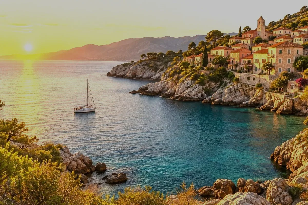 A coastal village at sunset, darkened back to a natural exposure