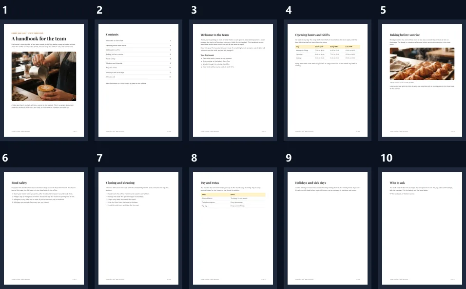 The 10 pages of the new PDF as thumbnails, without the barista photo page and the blank page