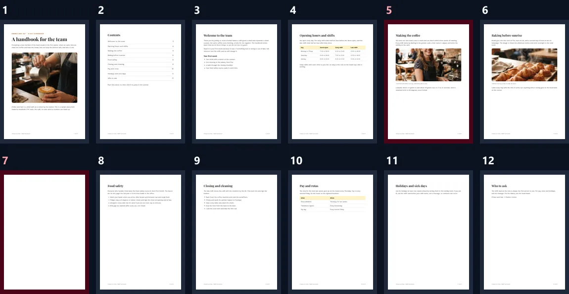 The 12 pages of the sample handbook as small thumbnails, with page 5 (a photo of a barista) and the blank page 7 on red backgrounds