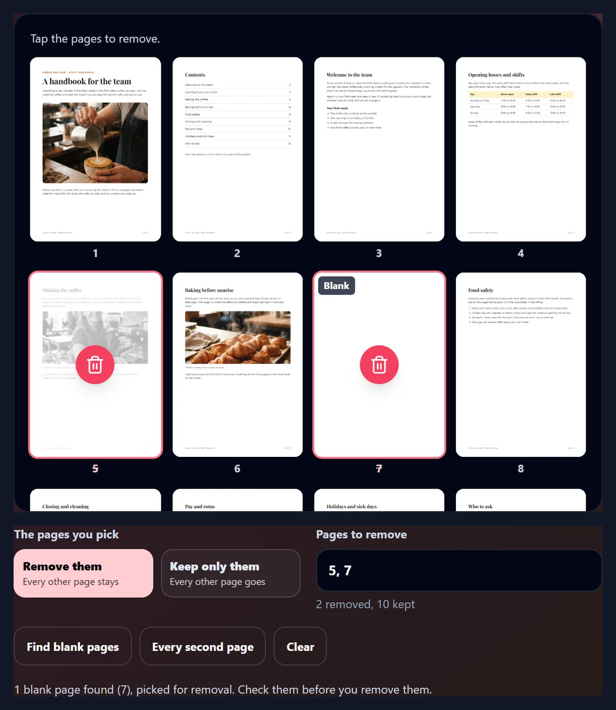The Delete Pages tool with a 12-page café handbook as thumbnails: page 5 and the blank page 7 faded with a red bin over them, and below, Remove them chosen and 5, 7 in the Pages to remove box