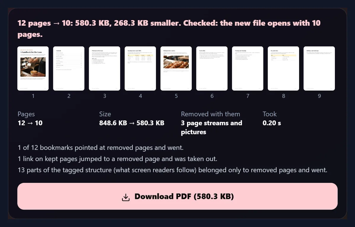 The result: 12 pages to 10, 580.3 KB, 268.3 KB smaller, checked: the new file opens with 10 pages, with thumbnails of the 10 pages, and notes on the bookmark, link and tagged structure that went