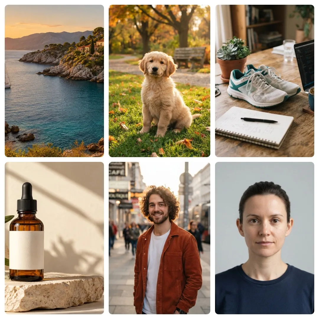 Six photos in a 2 by 3 grid with white gaps and rounded corners