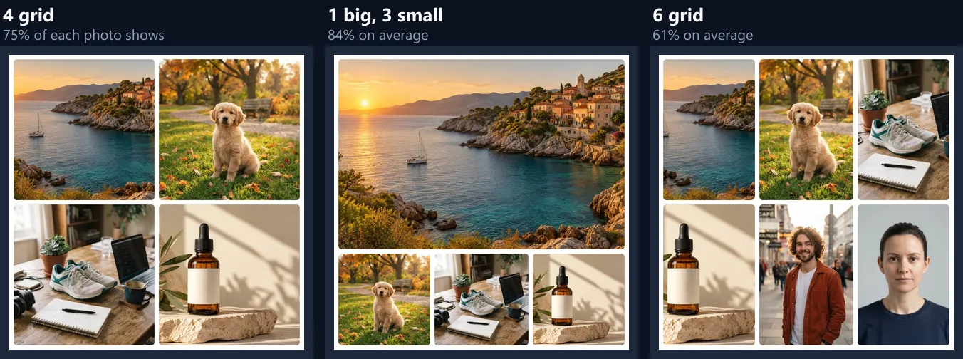 Three grids side by side: a 4 grid, 1 big with 3 small, and a 6 grid