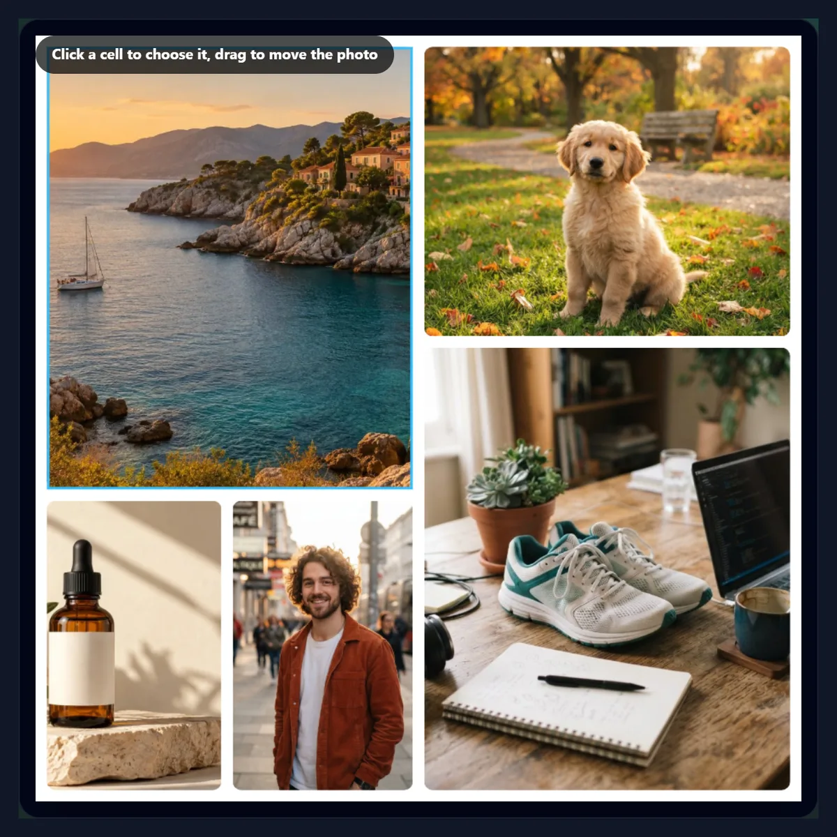 A five-photo mosaic of a coast, a puppy, sneakers on a desk, a serum bottle and a portrait