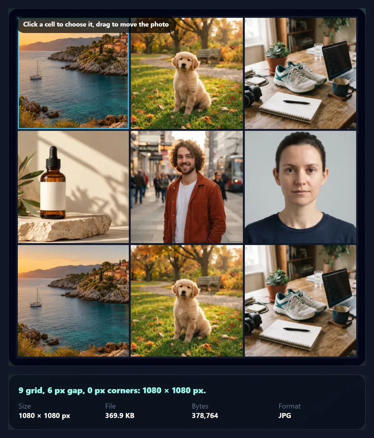 Nine photos in a three by three grid with thin dark gaps