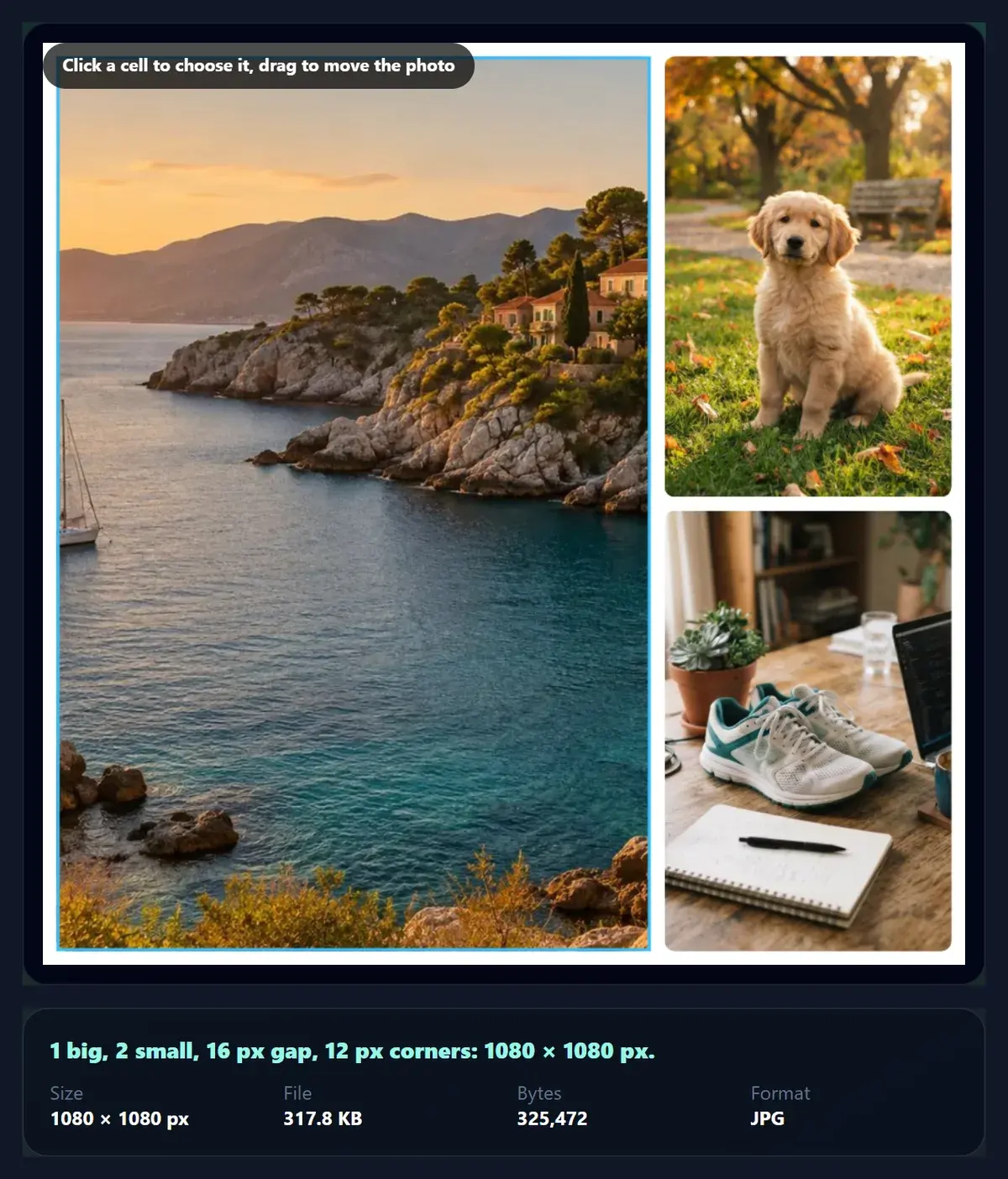 The photo grid tool with a big coastal photo on the left and a puppy and sneakers on the right