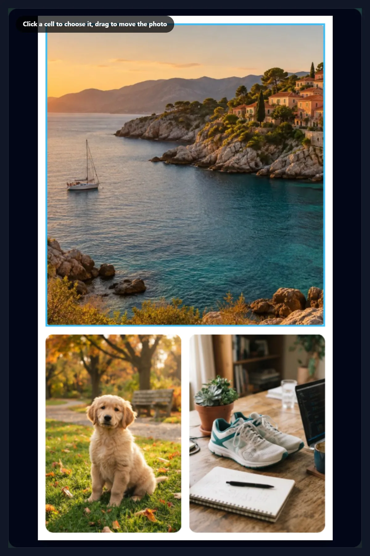 A tall story-sized grid with one photo on top and two below, with wide rounded gaps