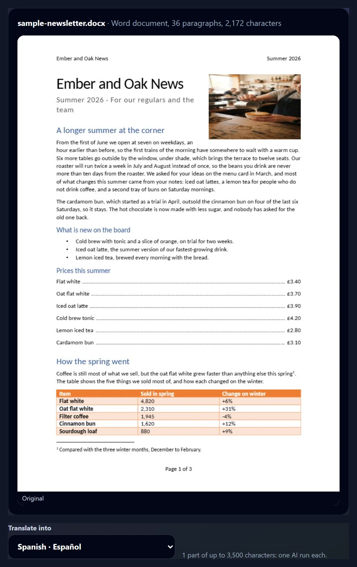 The Document Translator with the sample newsletter open: its first page as a preview, the line Word document, 36 paragraphs, 2,172 characters, and the language list set to Spanish with one AI run planned
