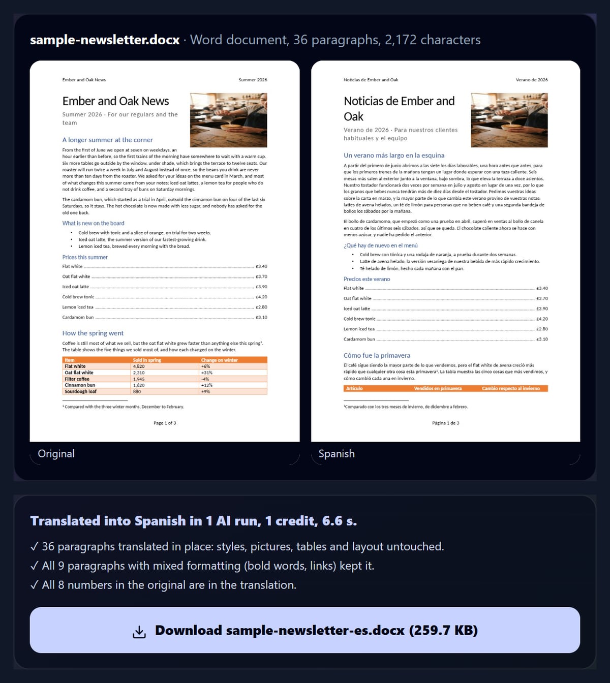 The Document Translator with the newsletter and its Spanish translation side by side, and the checks under them