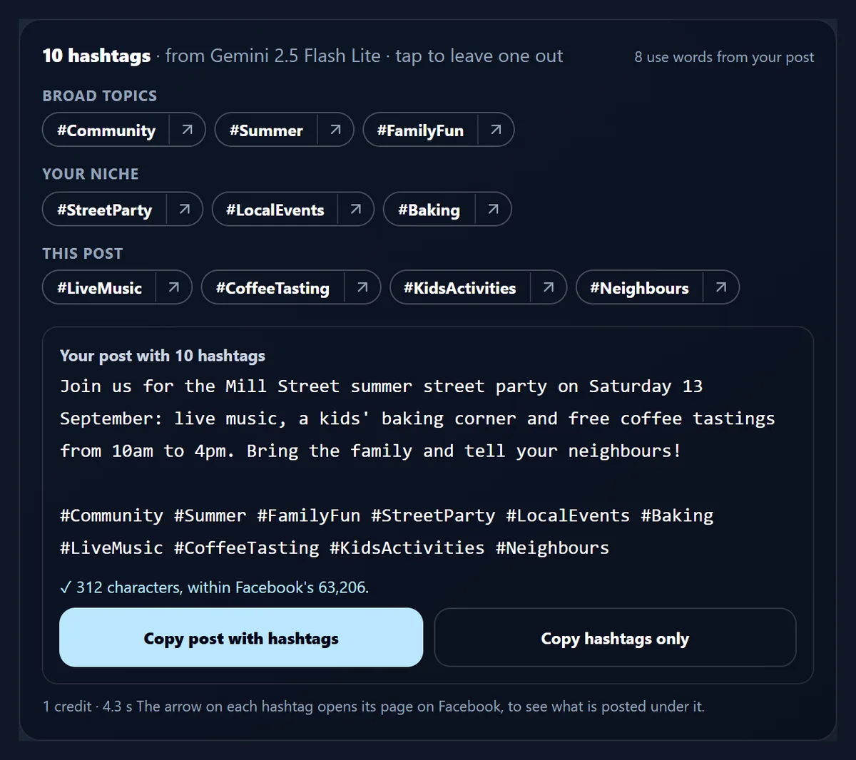 Ten AI hashtags for the sample event post about the Mill Street summer street party: Broad topics #Community #Summer #FamilyFun, Your niche #StreetParty #LocalEvents #Baking, This post #LiveMusic #CoffeeTasting #KidsActivities #Neighbours, with 8 using words from the post