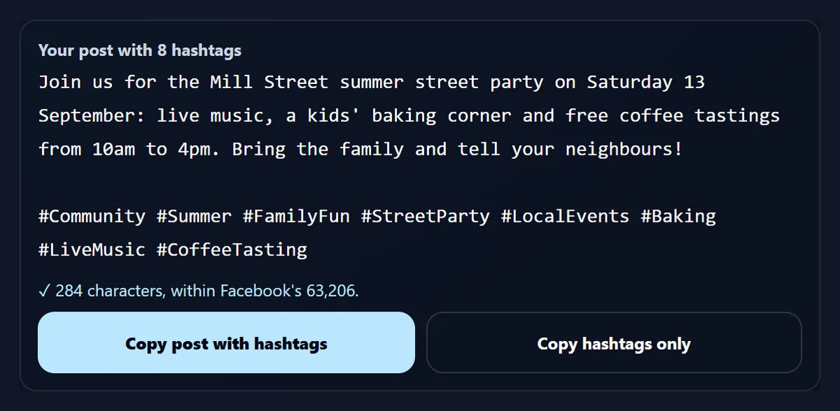 The event post with eight of the ten AI hashtags added after a blank line, #KidsActivities and #Neighbours left out, the check reading 284 characters, within Facebook's 63,206, and the two copy buttons
