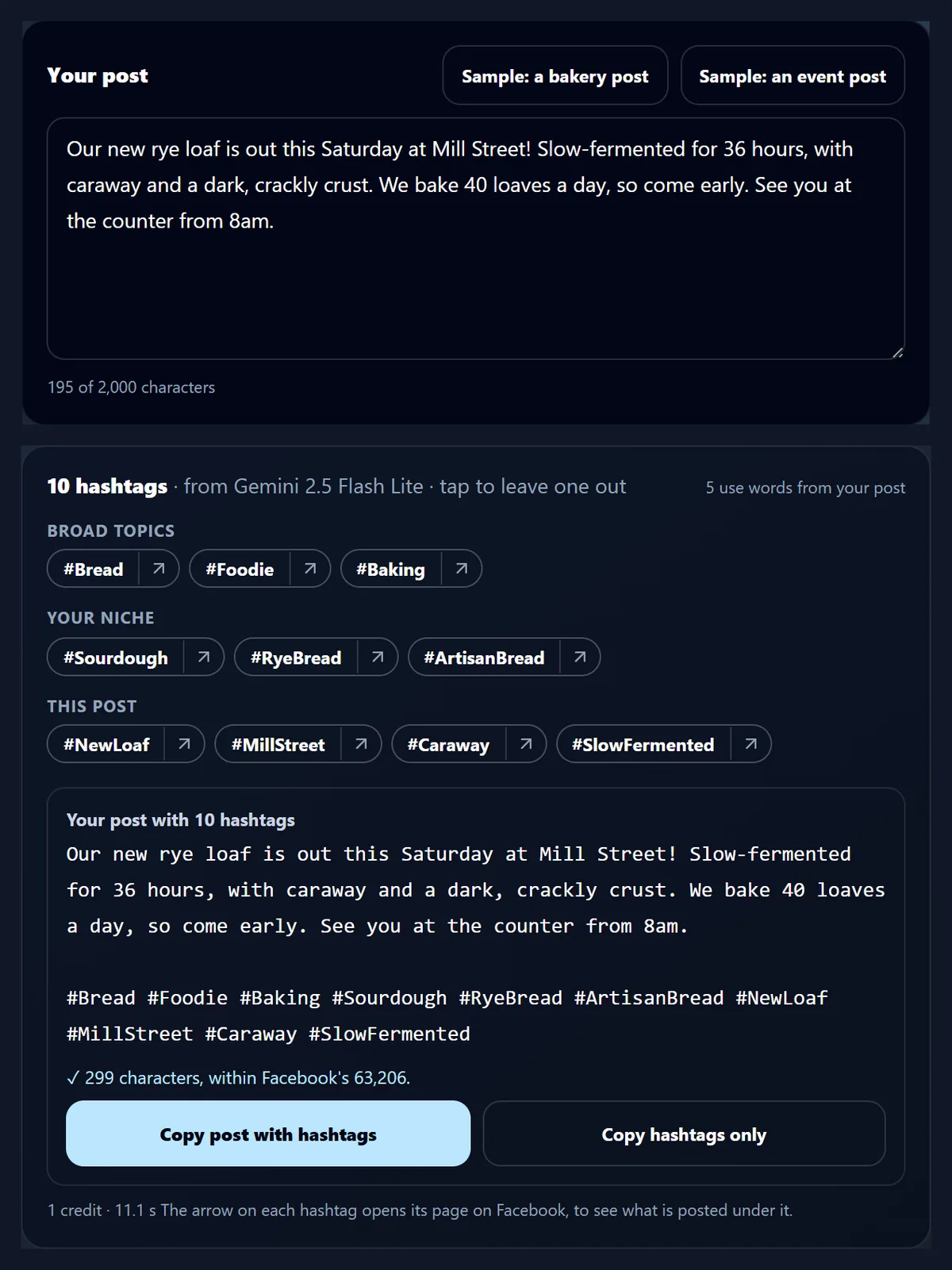 The Facebook Hashtag Generator with the sample bakery post about a new rye loaf, and ten hashtags from Gemini 2.5 Flash Lite in three groups: Broad topics #Bread #Foodie #Baking, Your niche #Sourdough #RyeBread #ArtisanBread, and This post #NewLoaf #MillStreet #Caraway #SlowFermented