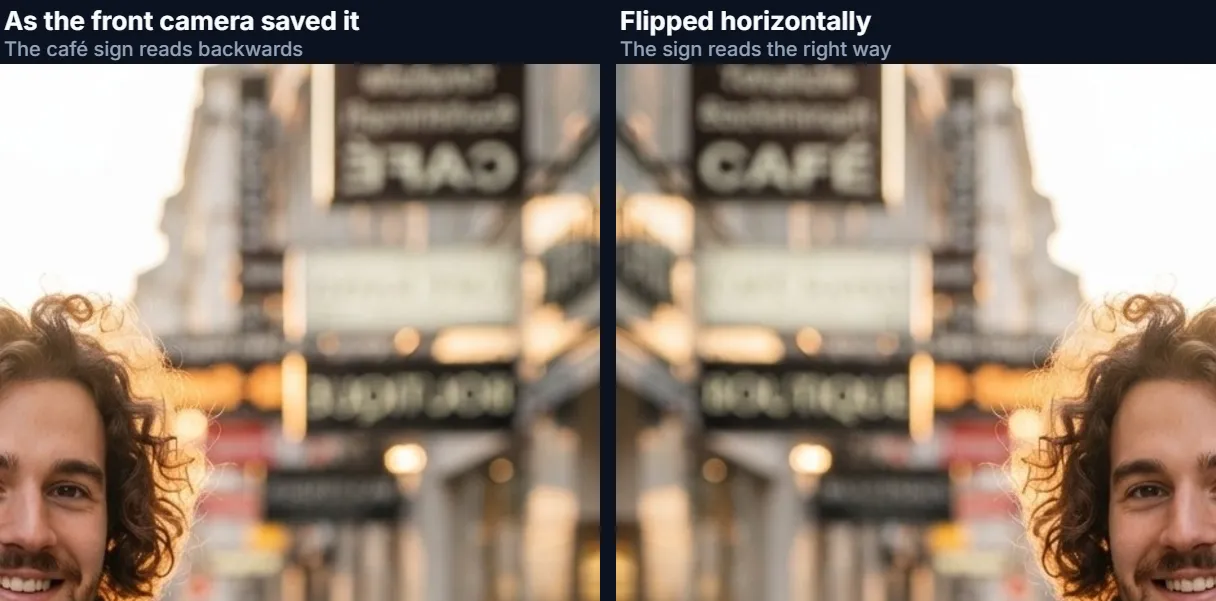 A mirrored selfie whose café sign reads backwards next to the flipped version where it reads correctly