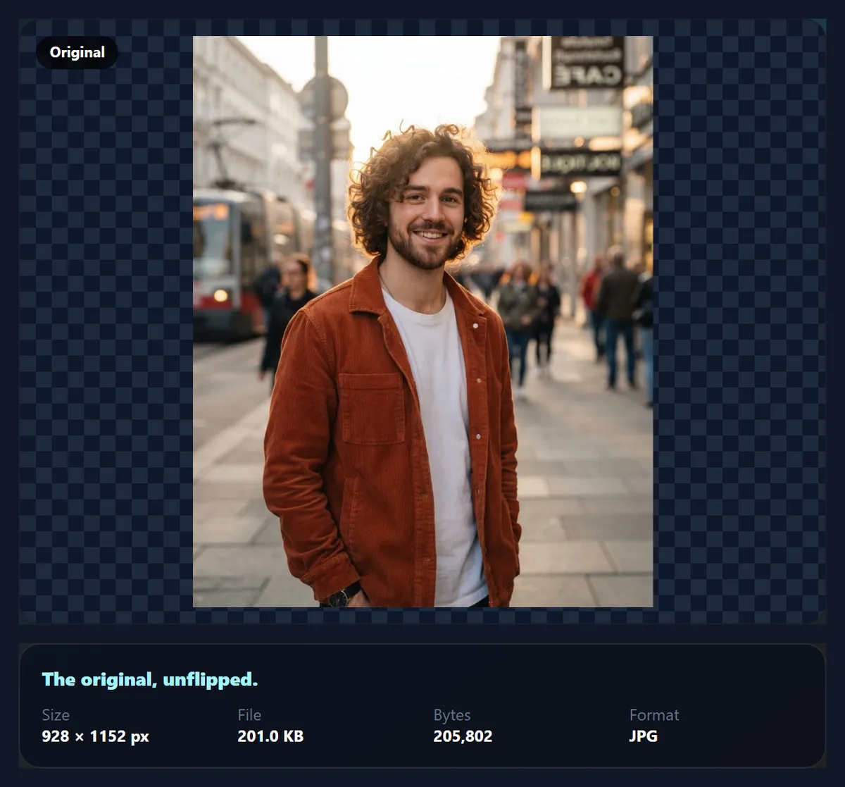 The flip tool showing the original mirrored selfie