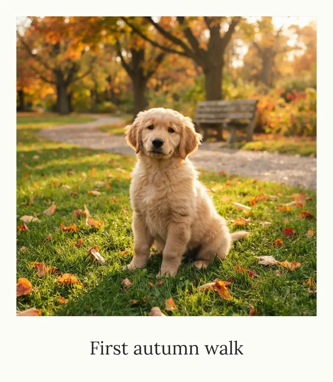 The puppy photo as an instant print with the caption First autumn walk