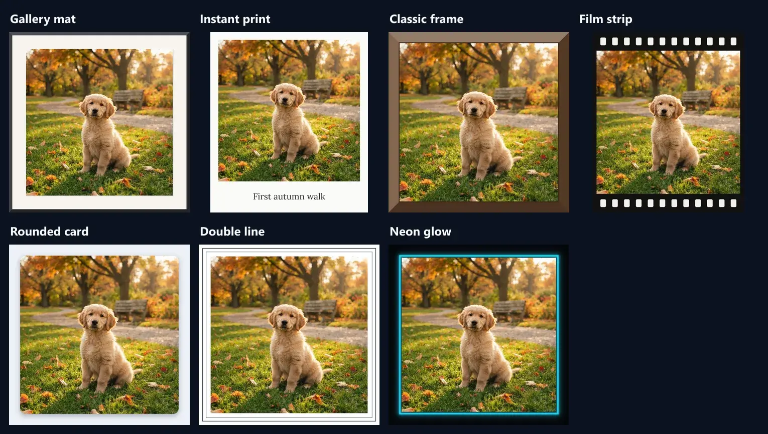The same puppy photo in all seven frame styles
