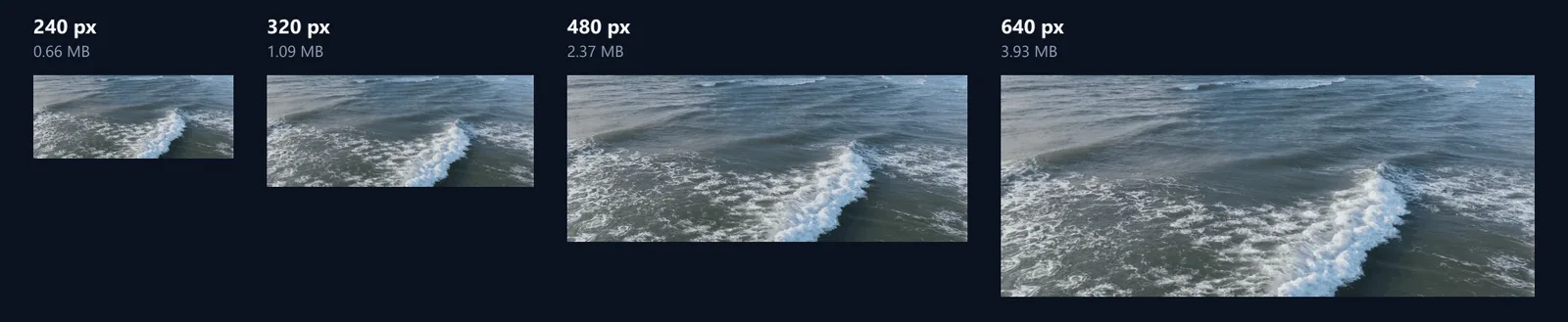 The first frame of the ocean GIF at four widths side by side, from a small 240-pixel strip to a 640-pixel one, each labelled with its file size