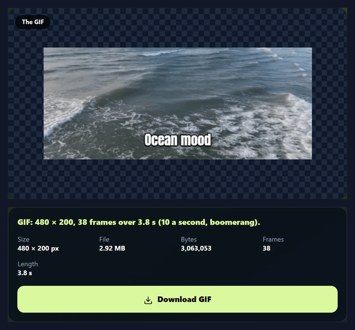 The finished GIF of breaking waves with the white caption Ocean mood, and below it its size, 480 by 200 pixels, 38 frames and 2.92 MB