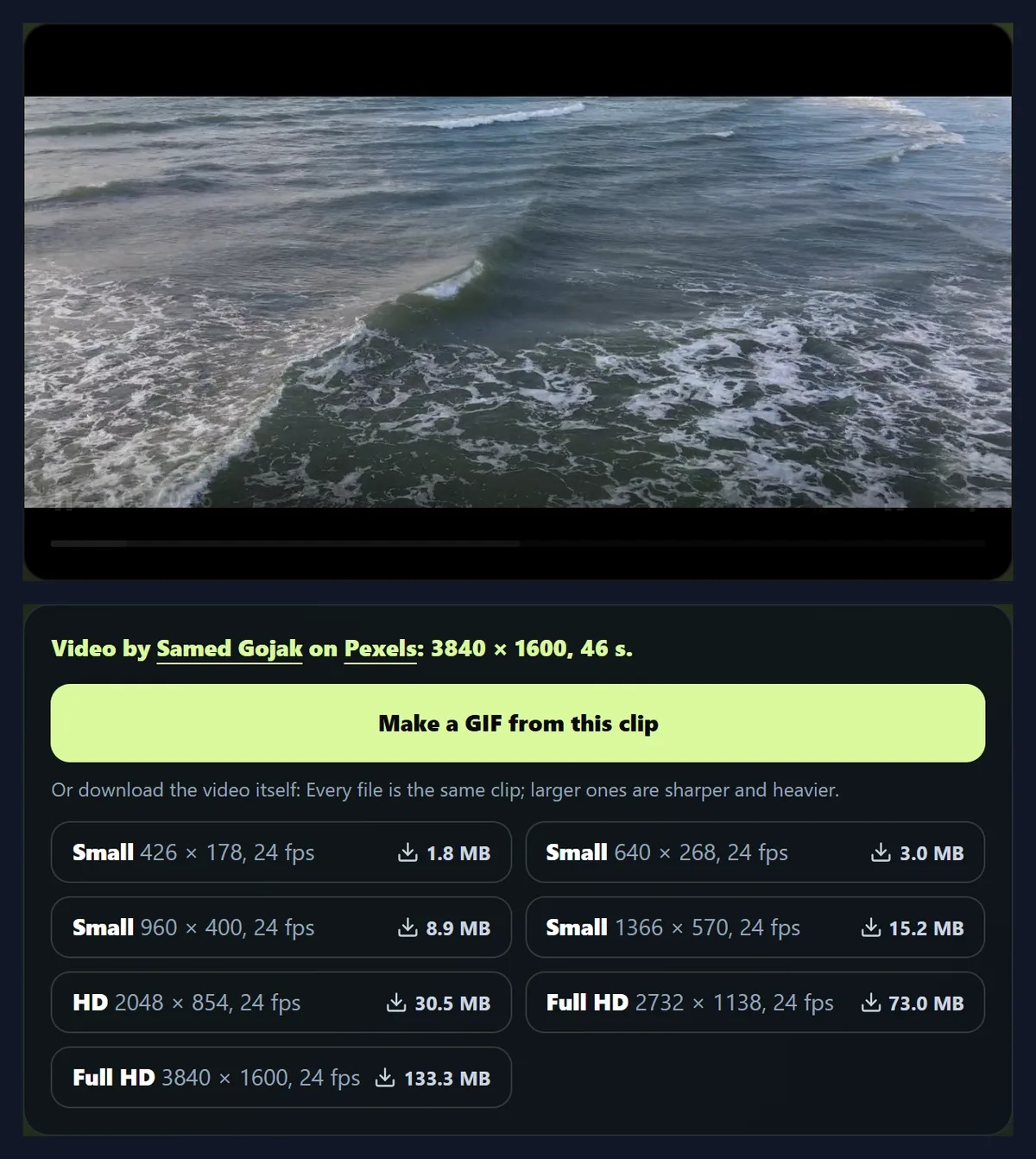 A chosen ocean clip playing, with the credit Video by Samed Gojak on Pexels, a Make a GIF from this clip button, and the list of video files from 426 to 3840 pixels wide with their sizes