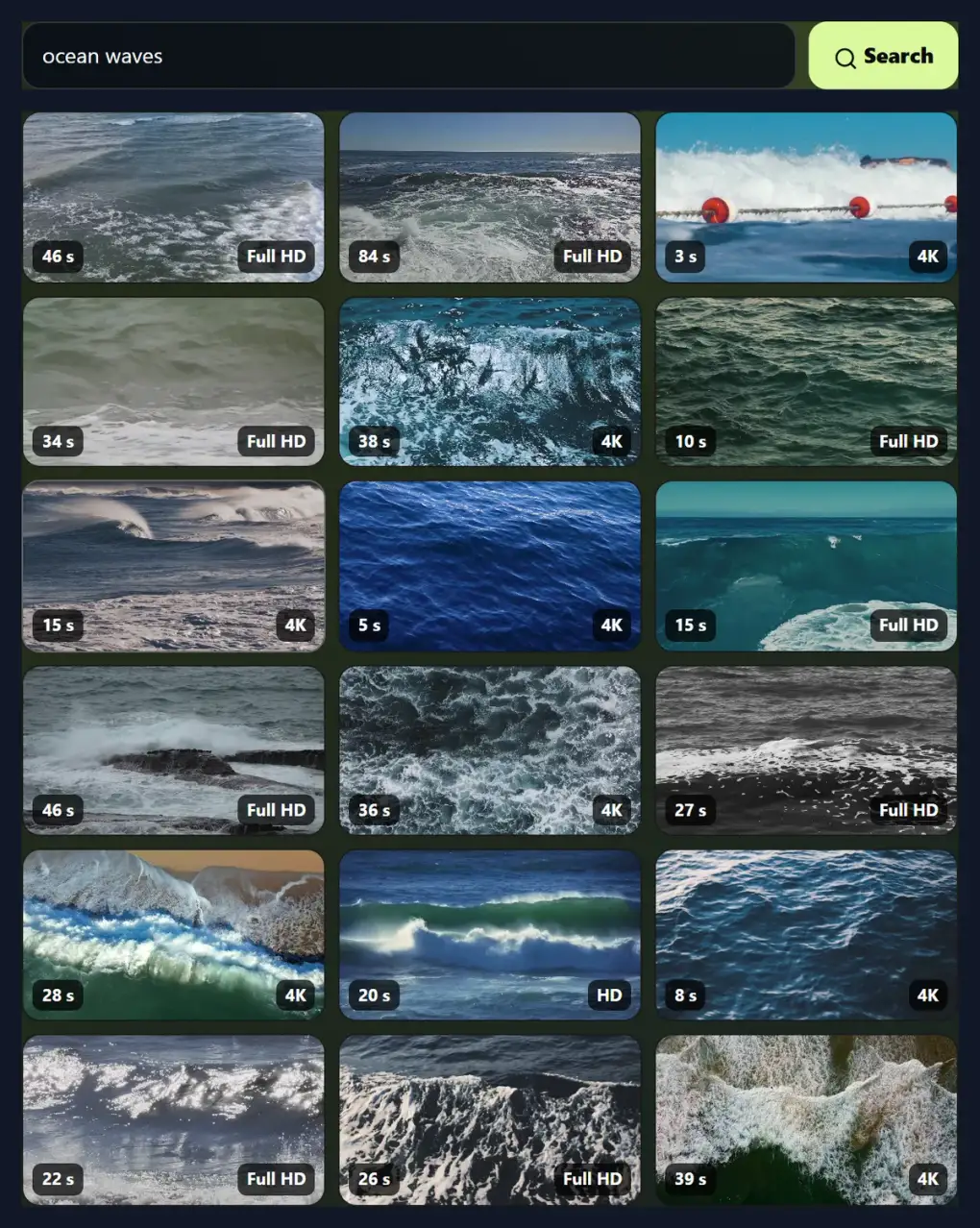 A grid of eighteen ocean wave clips from a search for ocean waves, each with its length and its sharpest size such as Full HD or 4K