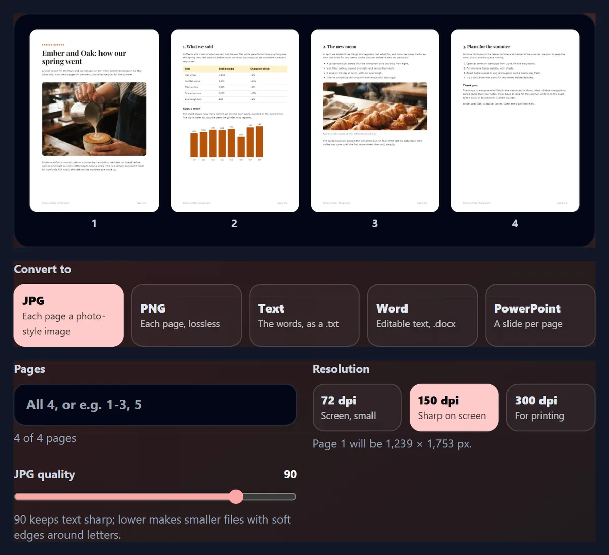 The PDF converter with four page thumbnails of a café report, five format buttons with JPG chosen, a page range box, resolution buttons and a JPG quality slider
