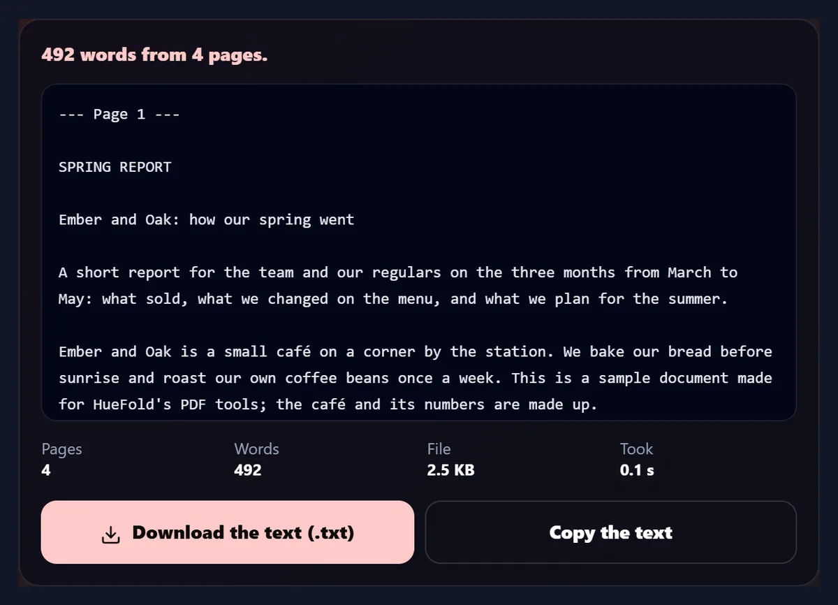 The text result: 492 words from 4 pages, a preview starting with Page 1, SPRING REPORT and the report title, the file size and buttons to download or copy the text