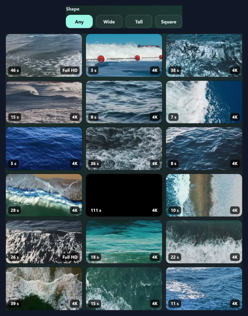 The search filters set to at least 4K, above a grid of ocean clips each labelled 4K