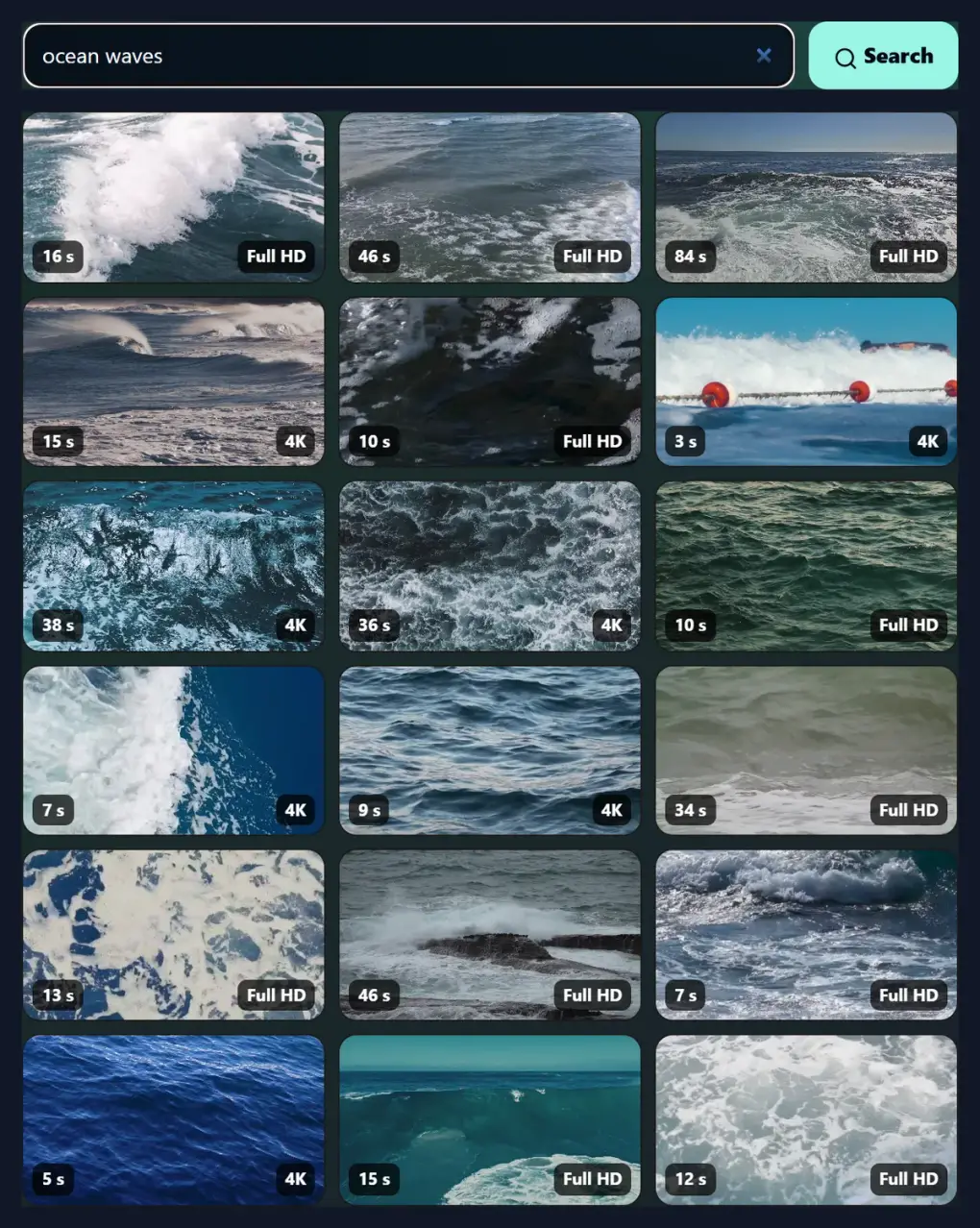 Search results for ocean waves: a grid of eighteen wave clips, each labelled with its length and its sharpest size, Full HD or 4K