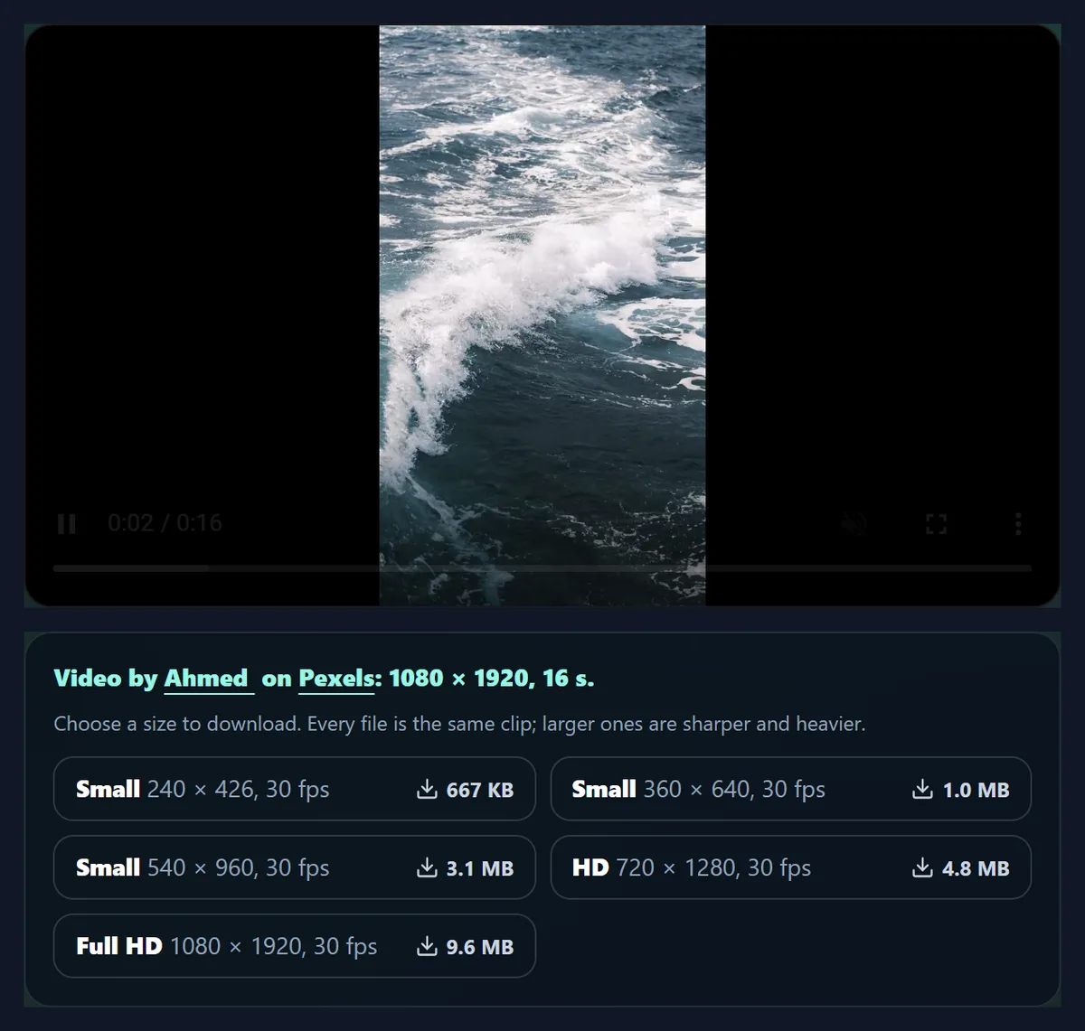 A selected tall ocean wave clip playing, with the creator credit and five download sizes from 240 by 426 to 1080 by 1920 with their file sizes