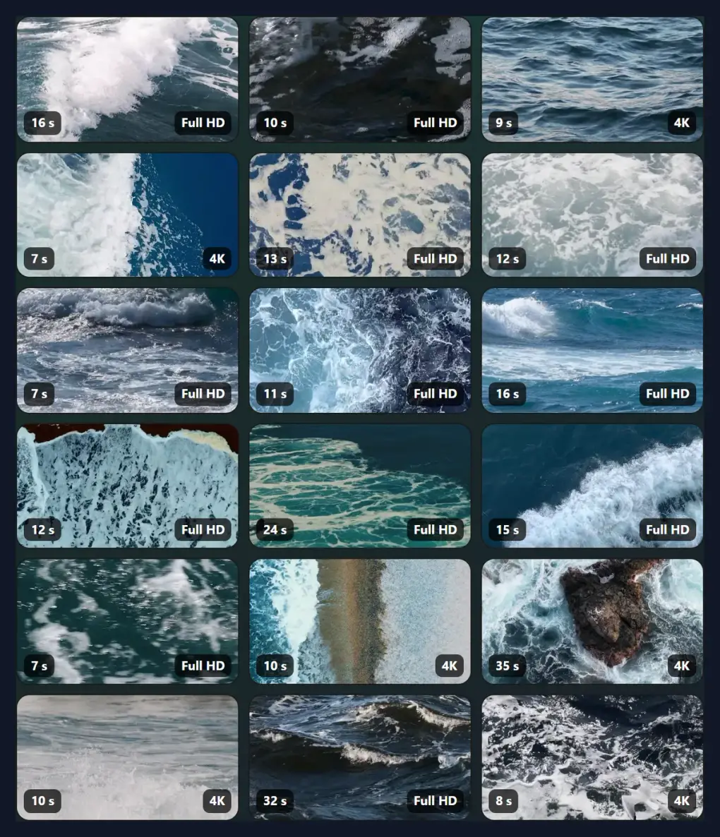 Search results filtered to tall videos: a grid of portrait-shaped ocean clips