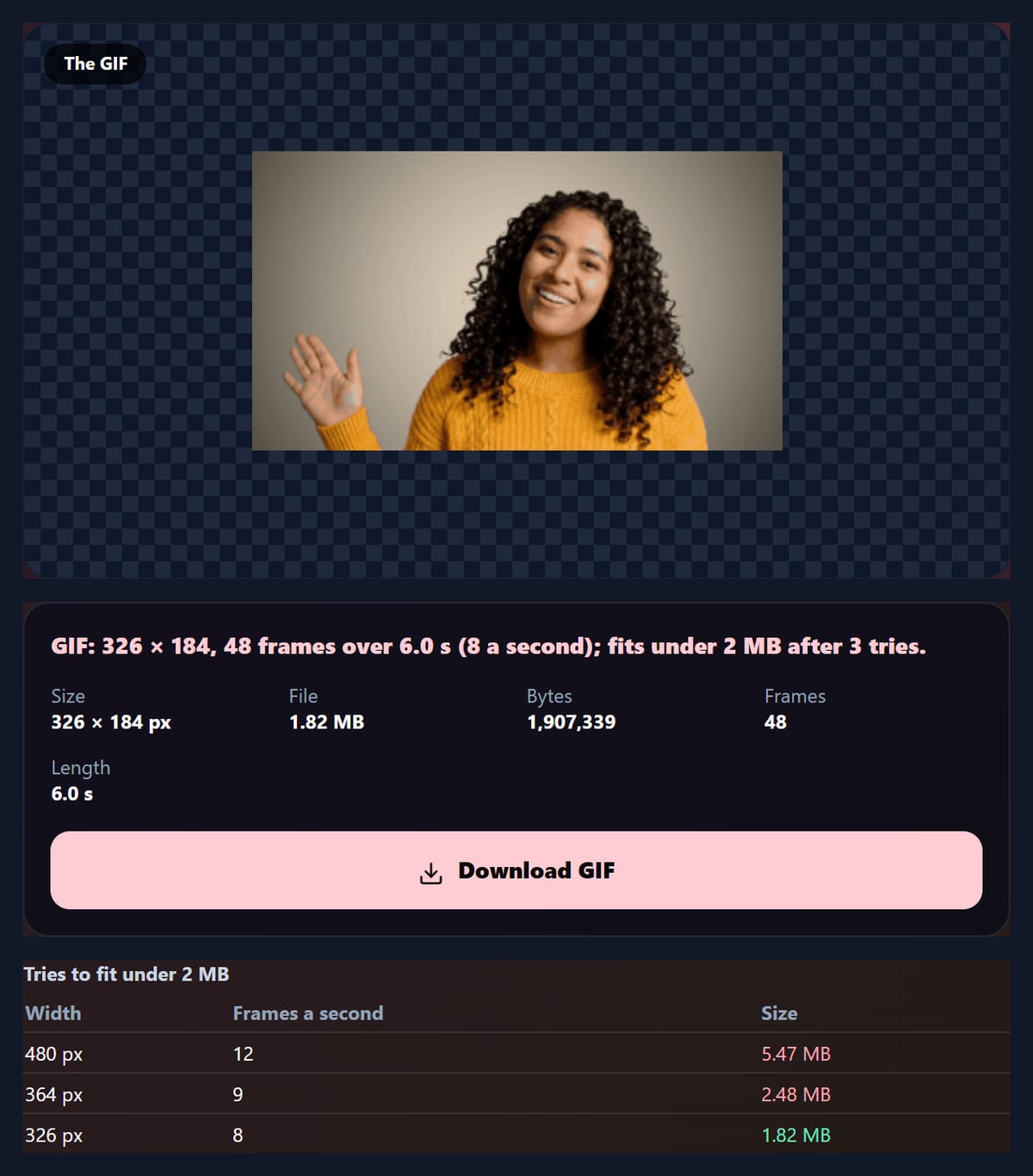 The free video to GIF converter after fitting the sample GIF under 2 MB, with the GIF, its details and the table of tries