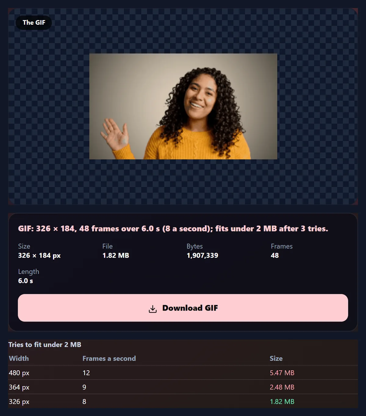 The converter after fitting the sample GIF under 2 MB: the 326 by 184 GIF, its details, and a table of three tries at 480, 364 and 326 pixels wide