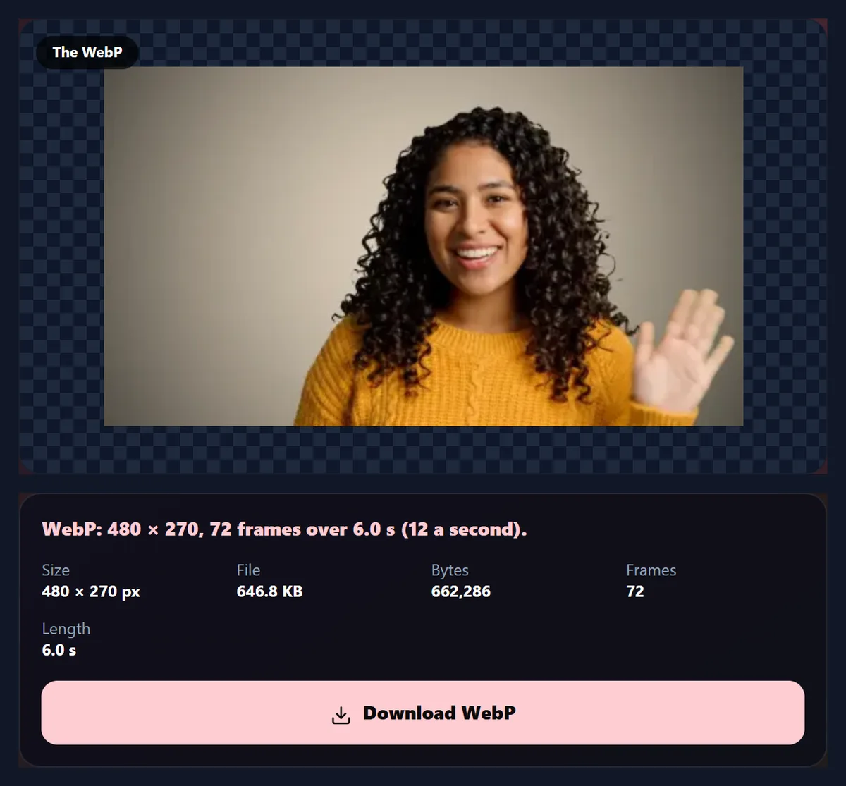 The converter showing the finished animated WebP of the waving woman, 480 by 270, 72 frames, 646.8 KB