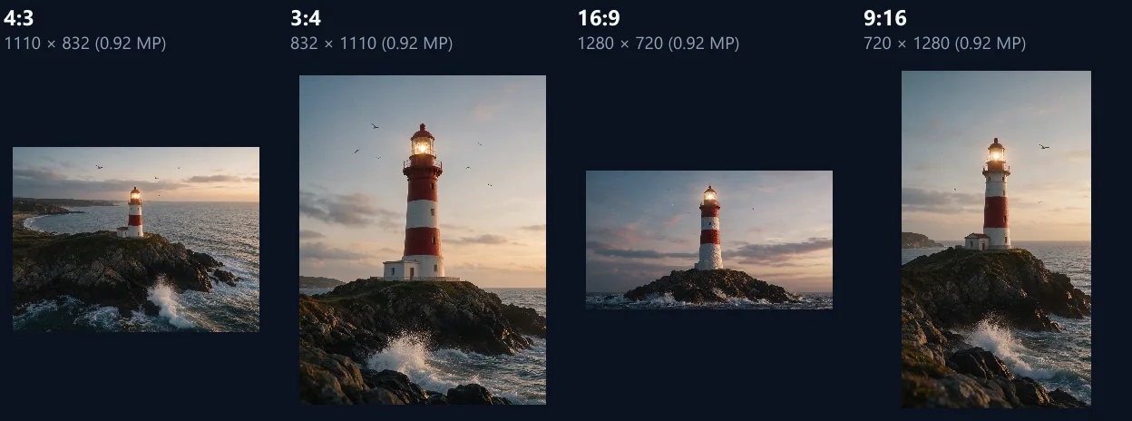 A red and white lighthouse on a rocky headland at dusk with its lamp lit, in four shapes made by Seedream 5.0: 4:3 at 1110 × 832, 3:4 at 832 × 1110, 16:9 at 1280 × 720 and 9:16 at 720 × 1280, each about 0.92 megapixels