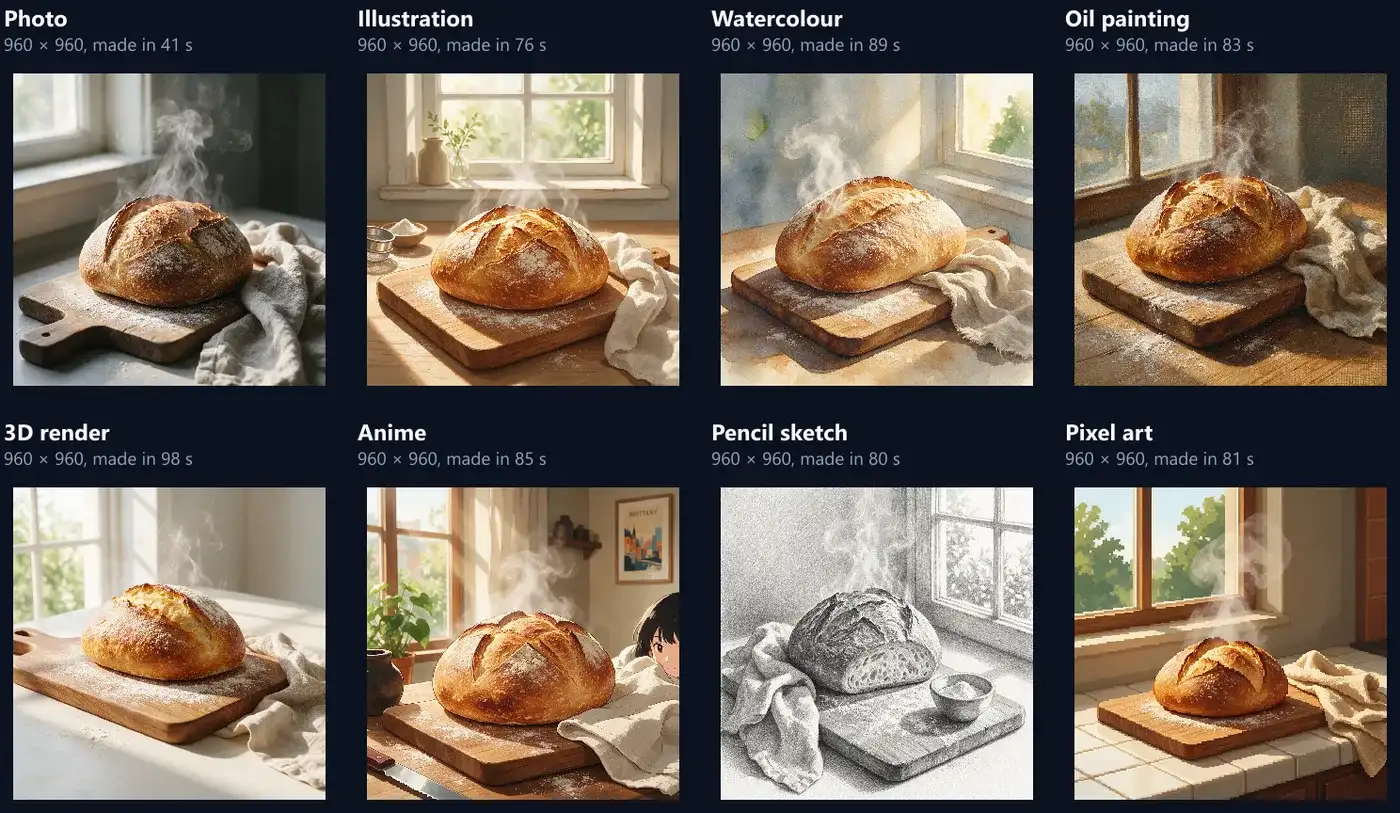 The same sourdough loaf on a board by a window in eight styles made by Seedream 5.0: a photo, an illustration, a watercolour, an oil painting, a 3D render, an anime scene with a girl peeking in at the edge, a pencil sketch of a cut loaf, and pixel art with a blocky window, each 960 × 960 with the seconds it took