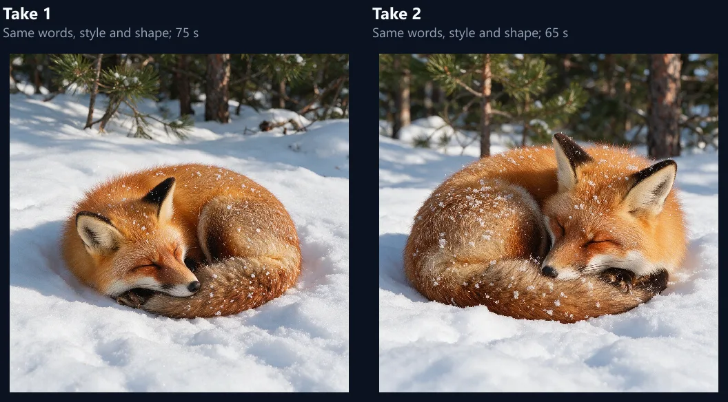 Two takes of a red fox curled up asleep in fresh snow at the edge of a pine forest, made from the same words, style and shape: in take 1 it faces left with its tail over its nose, in take 2 it faces right with snowflakes on its back; 75 s and 65 s