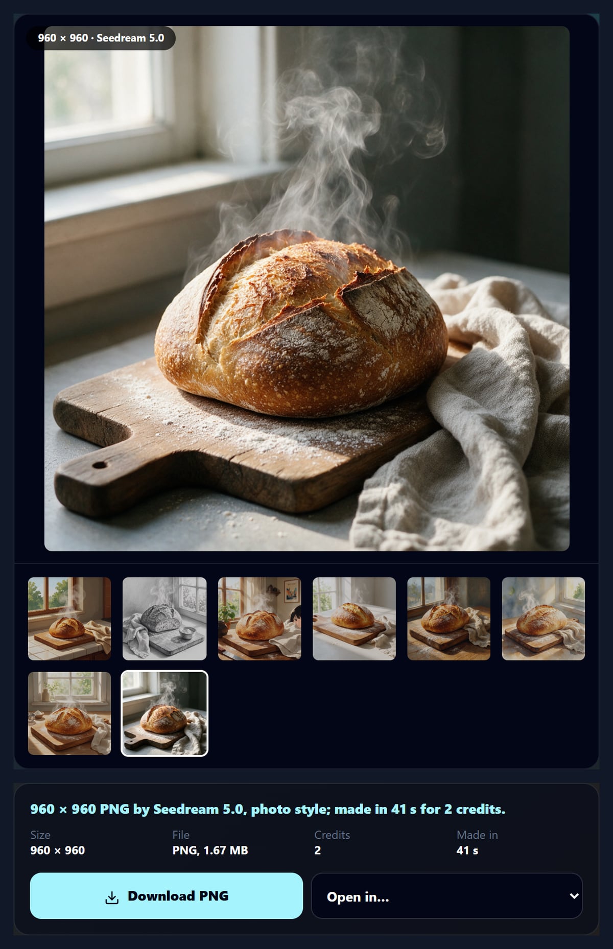 The AI image generator with a photo-style sourdough loaf made by Seedream 5.0 and seven other styles below